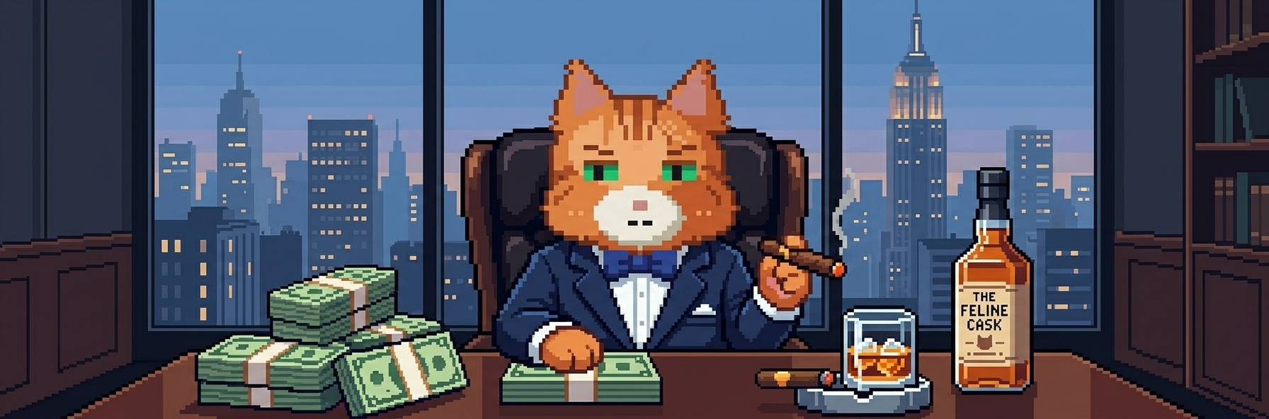 CATFINANSIST — the feline financier in his penthouse office, counting cash, cigar in paw, a bottle of The Feline Cask whiskey beside him, city skyline through the window.